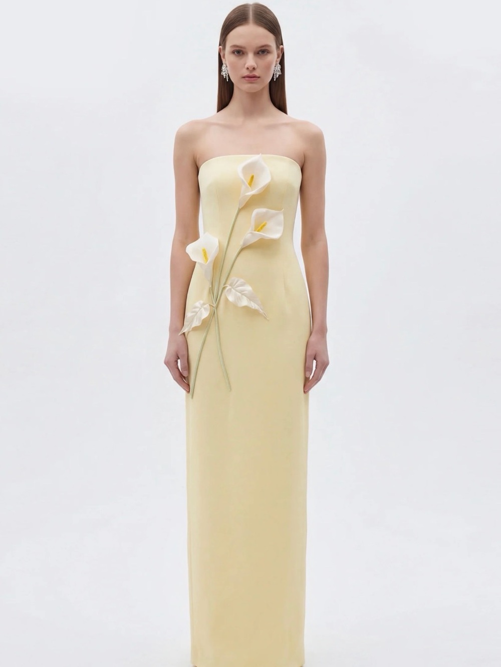 JW PEI Strapless Pale Yellow Column Dress with Floral Appliqué